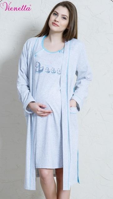 tehotenská nočná košeľa so županom šedá M kačičky - modrý lem