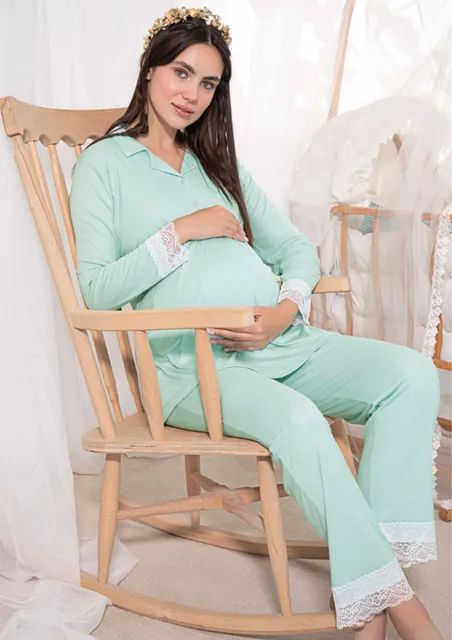 tehotenské pyžamo s čipkou - zelené veľ. M