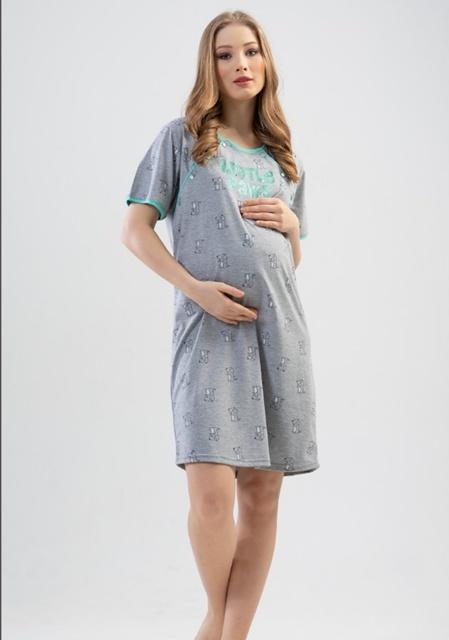 tehotenská nočná košeľa šedá XXL little paws - zelený lem