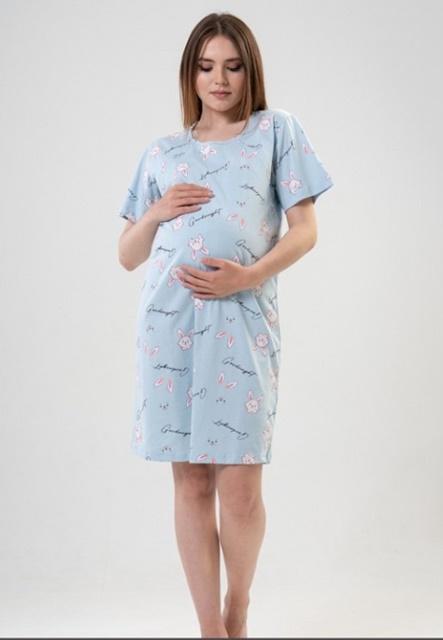 tehotenská nočná košeľa na zips bledomodrá S zajkovia