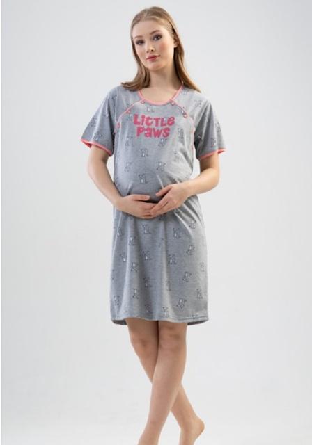 tehotenská nočná košeľa šedá L little paws - ružový lem