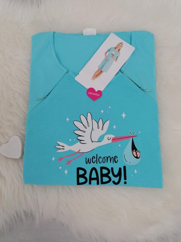 tehotenská nočná košeľa na zips tyrkysová L welcome baby