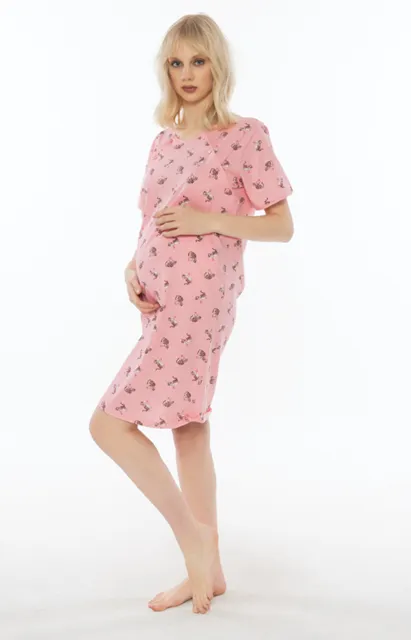 tehotenská nočná košeľa ružová S mačičky