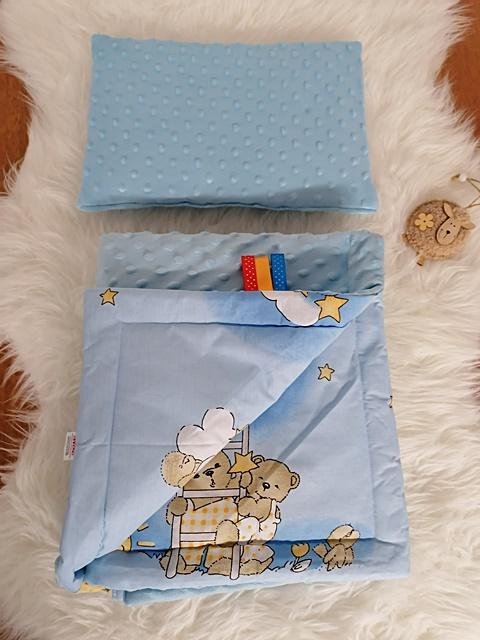 detská obojstranná deka s vankúšikom macík - modrá
