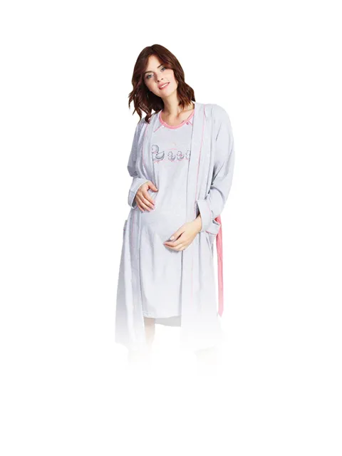 tehotenská nočná košeľa so županom šedá S kačičky - lososovým lem