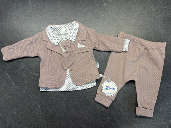 elegantná kojenecká súprava so sakom a kravatou - hnedá veľ. na 0-3 mes.