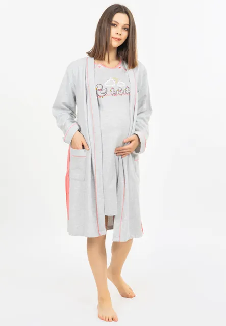 tehotenská nočná košeľa so županom šedá XL kačičky - lososový lem