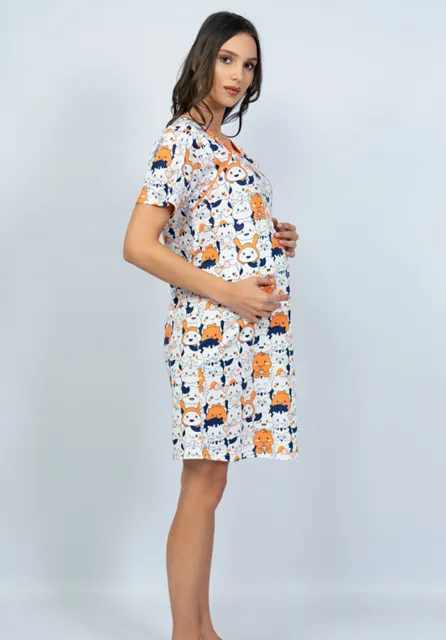 tehotenská nočná košeľa veselé zvieratká S - oranžový lem